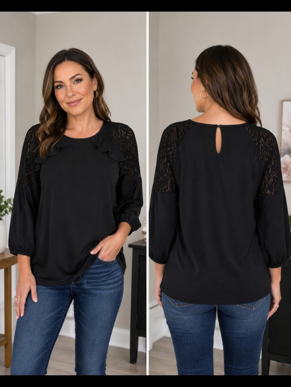 Anne Klein black top with lace shoulders edged with small ruffle. XL. NWOT